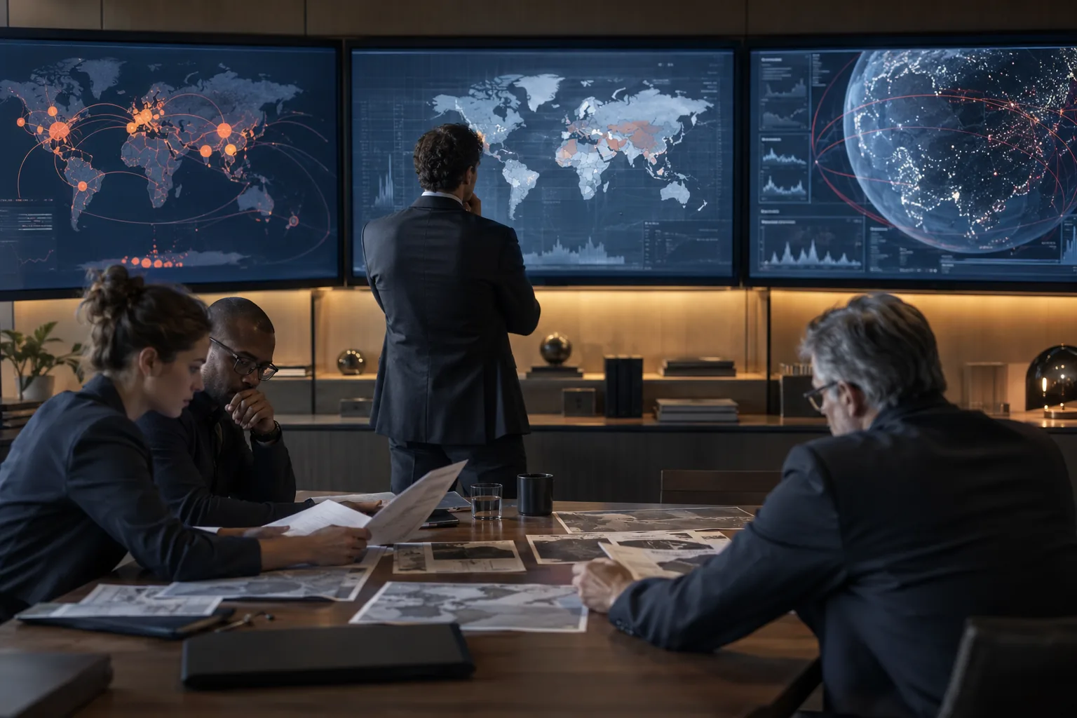 AI-generated illustration of analysts comparing evidence beneath screens with global risk visualisations