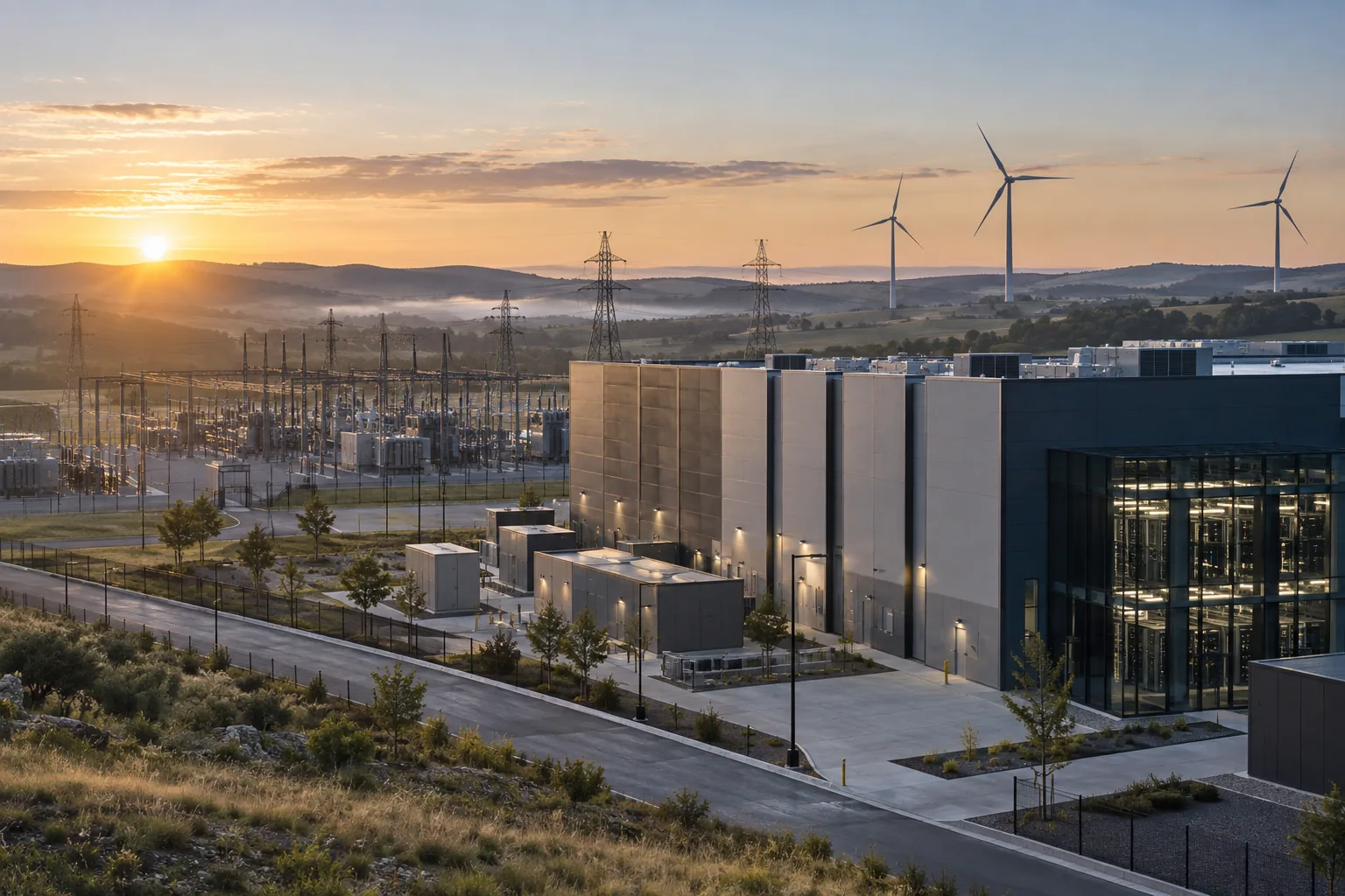 AI-generated illustration of data centre beside electrical infrastructure with distant wind turbines