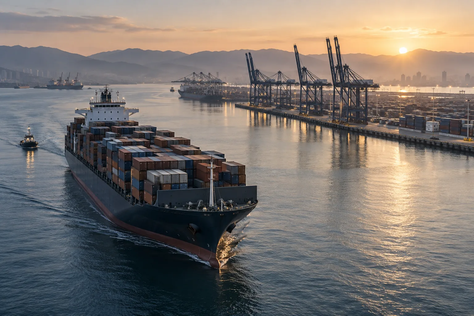 AI-generated illustration of container ship entering a commercial port at sunrise