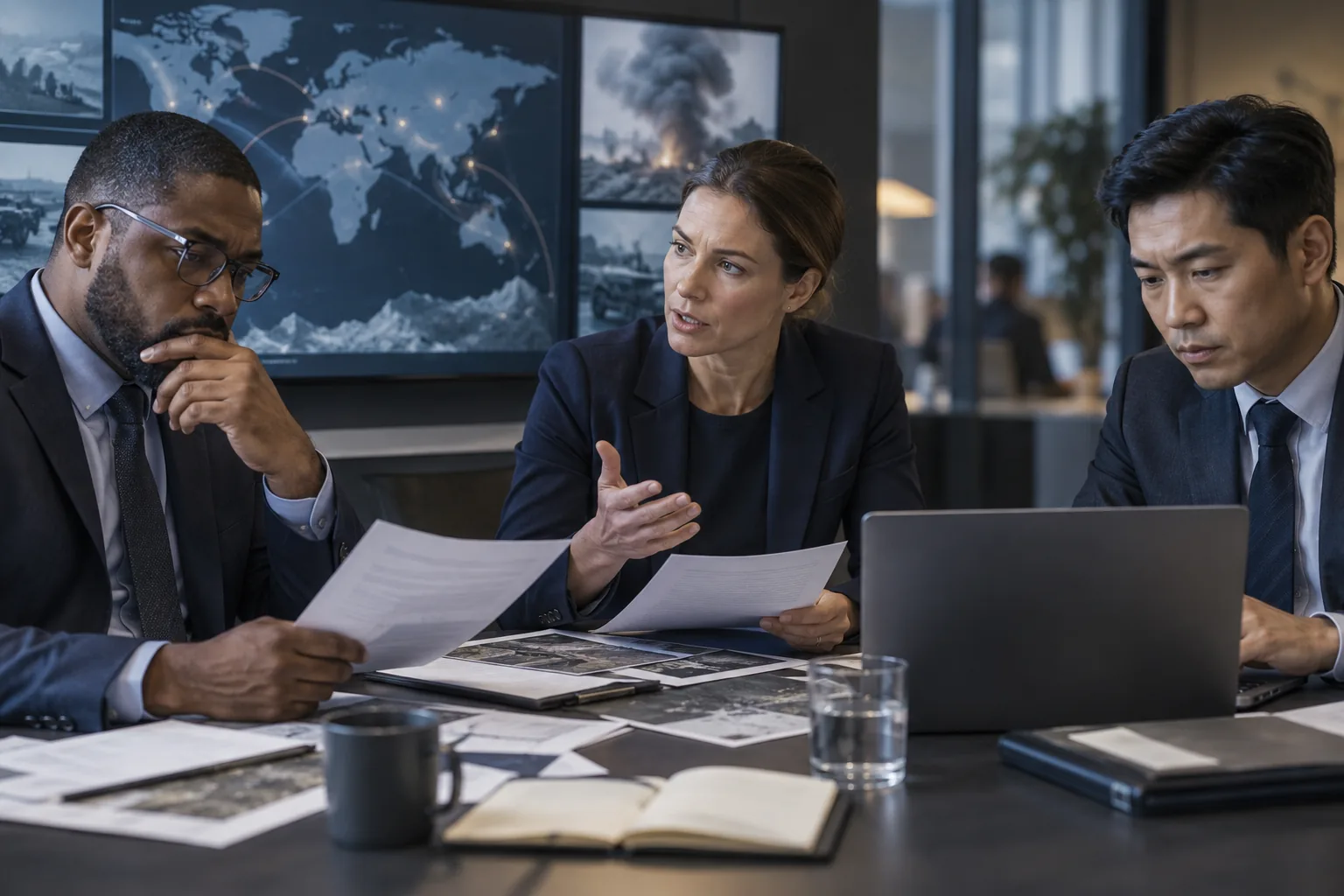 AI-generated illustration of business professionals reviewing AI supplier documentation together