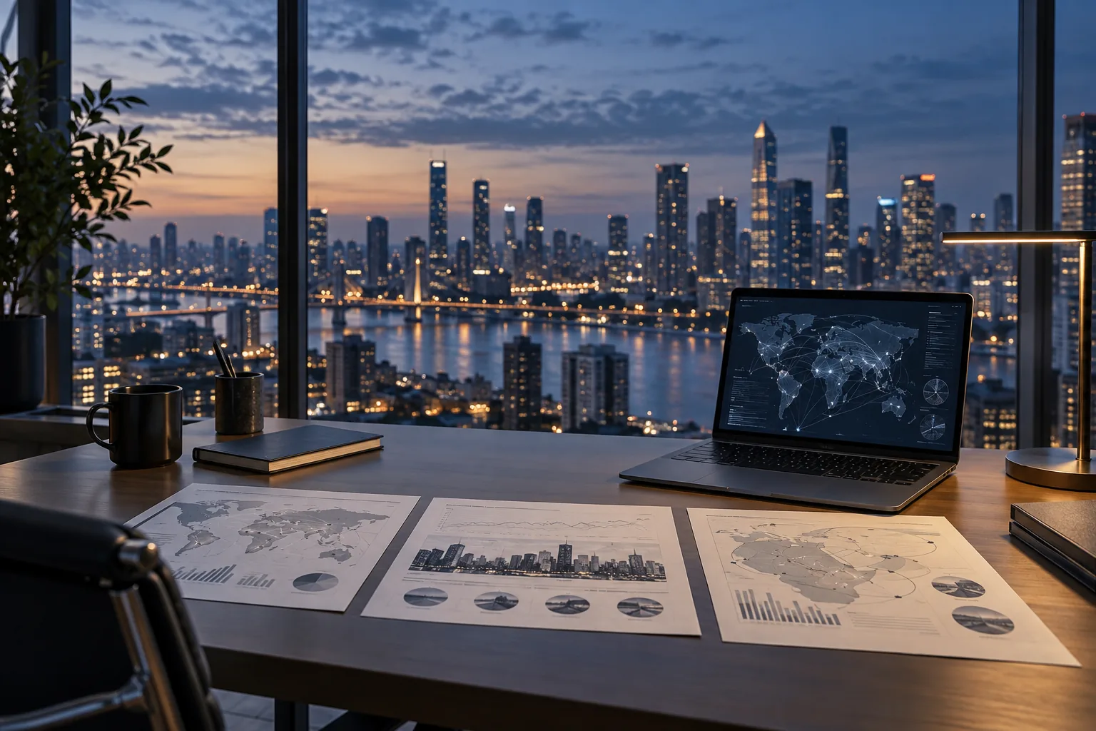 AI-generated illustration of scenario planning documents and a laptop beside a city skyline at dusk