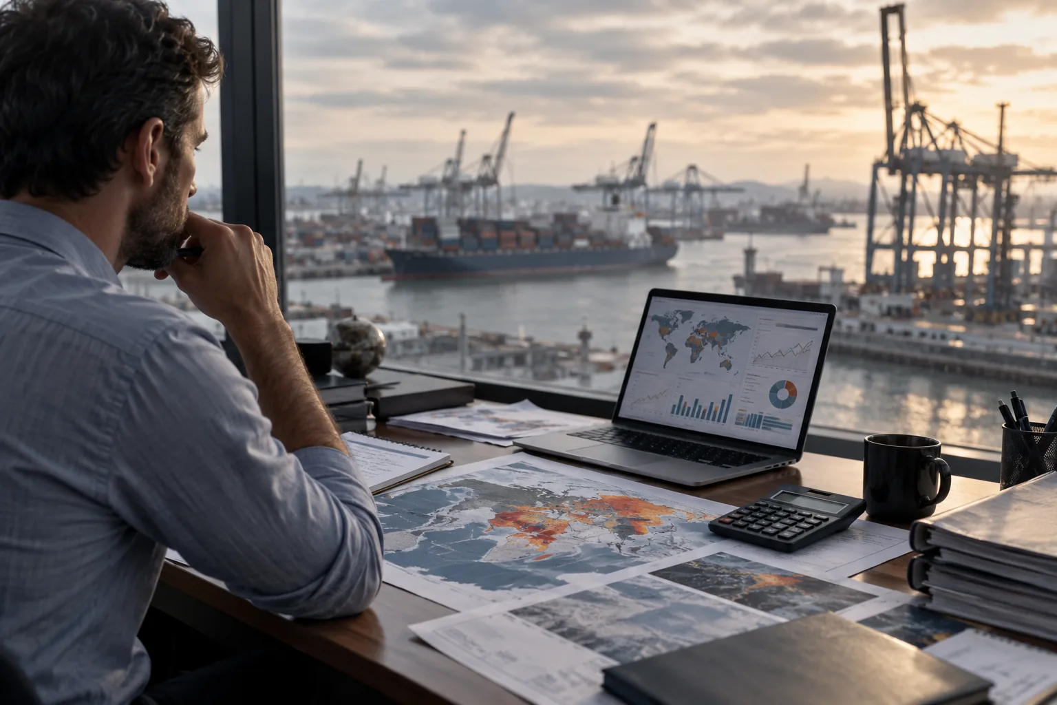 AI-generated illustration of risk analyst reviewing exposure maps overlooking a cargo port