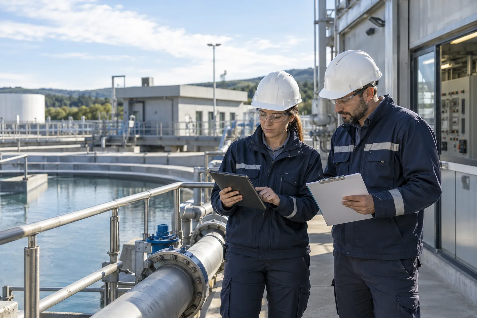 AI-generated illustration of utility engineers reviewing maintenance information at a water treatment facility