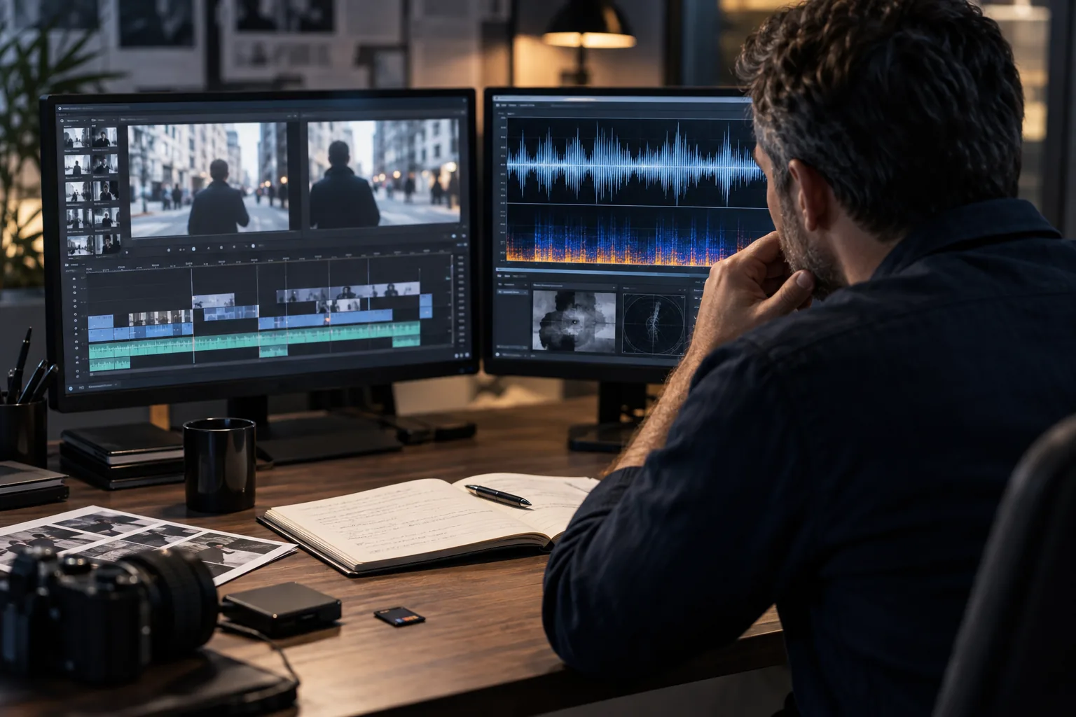 AI-generated illustration of media analyst examining video frames and an audio waveform