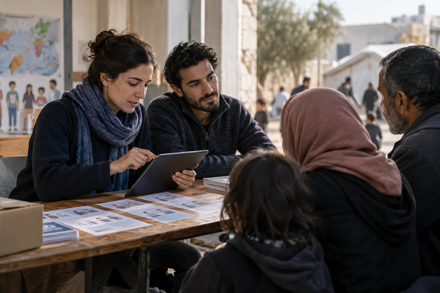 AI-generated illustration of aid workers using a tablet and printed guidance at a community assistance desk