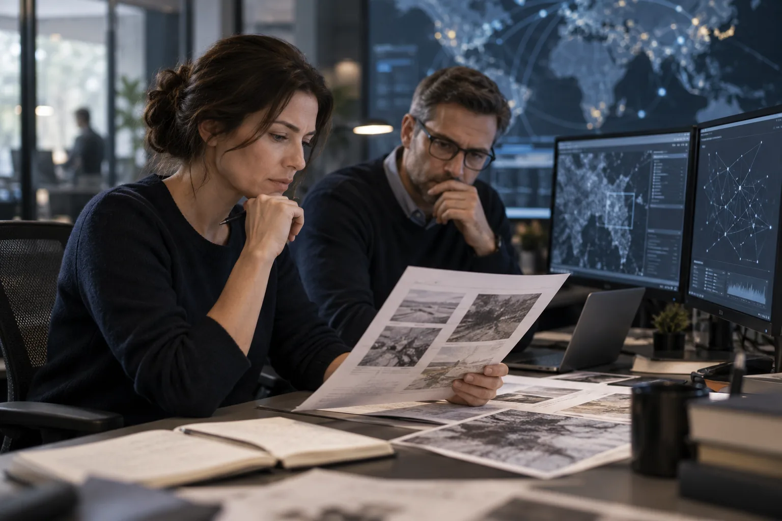 AI-generated illustration of two analysts reviewing printed evidence beside computer displays